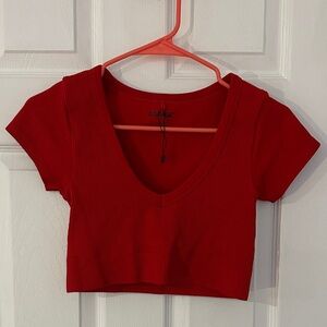NWT SMALL Garage Red Ribbed V-Neck Crop Top